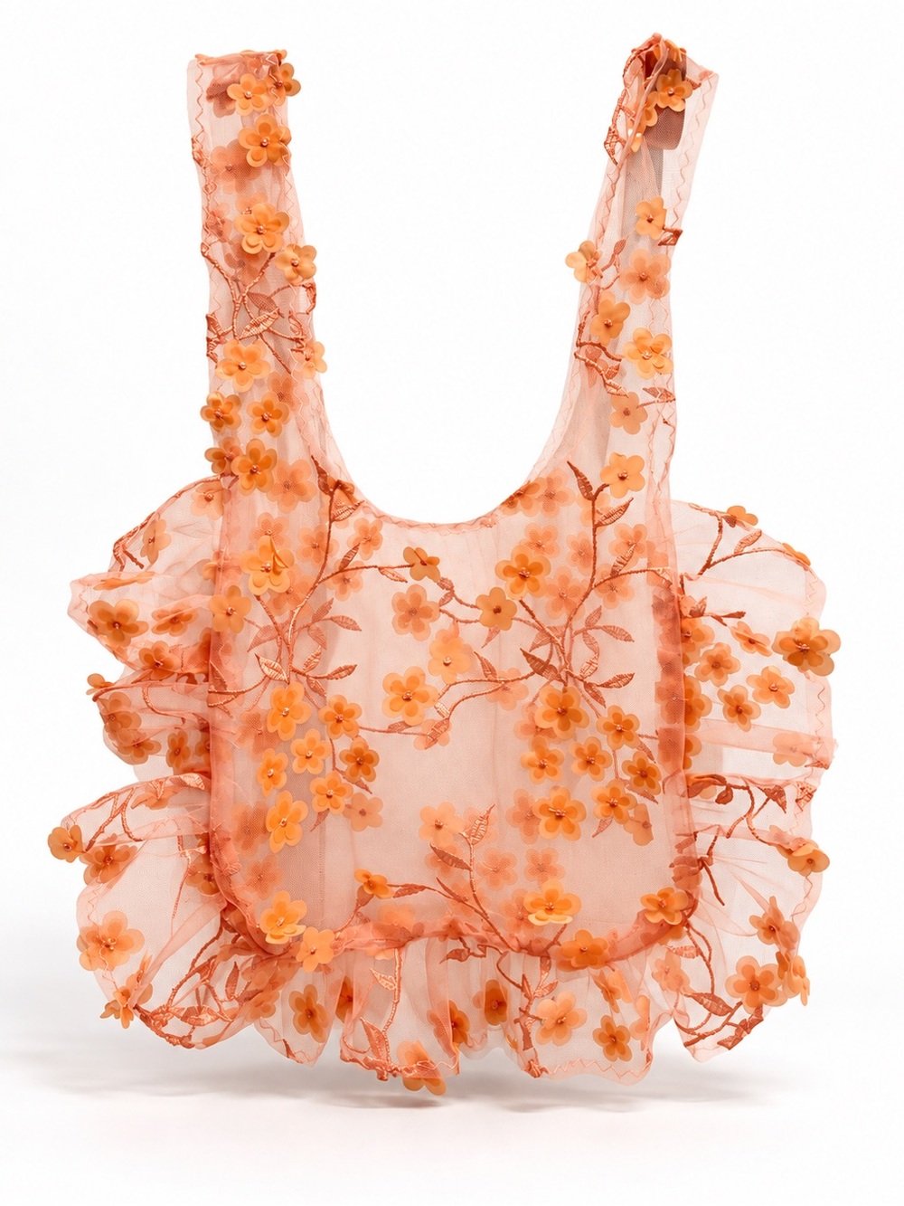 Sheer Floral Appliqué Tote Bag - Orange